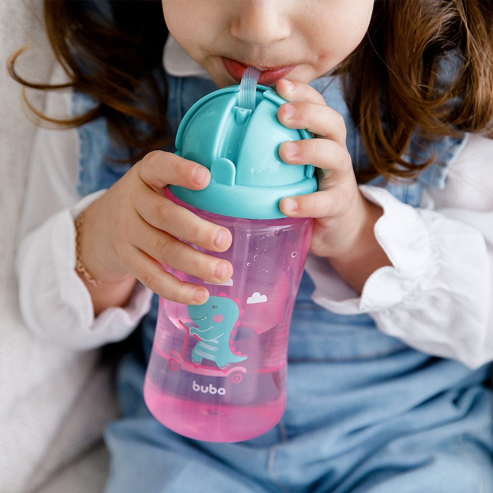 Garrafinha Infantil Buba Com Canudo 400ml – Dino Patinete Rosa - Image 6
