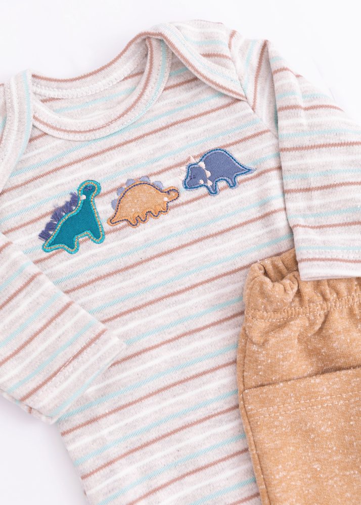 Conjunto Bebê Body Listrado Bordado Dino Com Calça Botonê - Image 3