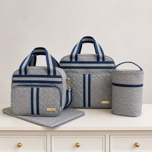 Kit Bolsa Maternidade Bebê 4 Peças – Cinza em Linho Menino