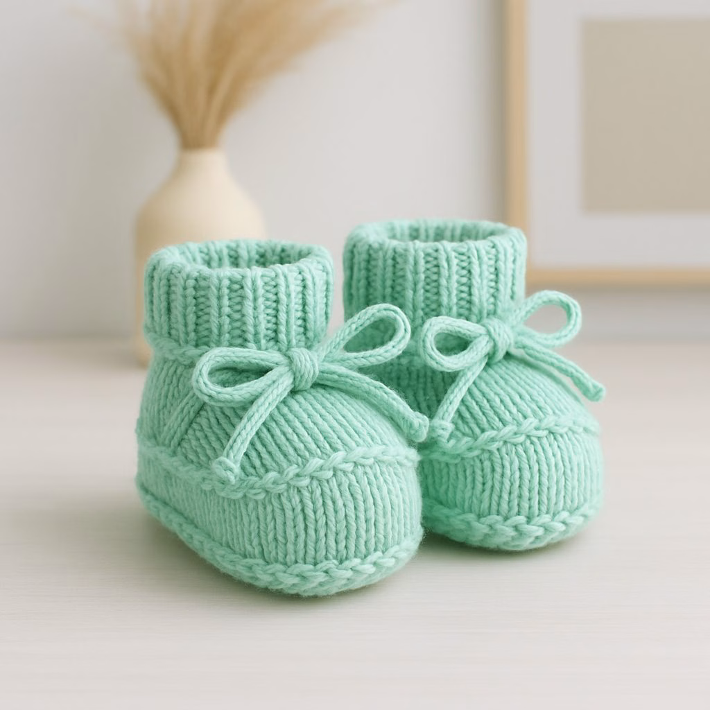 Sapatinho de Tricô Para Recém-Nascido – Verde com Cordão - Image 2