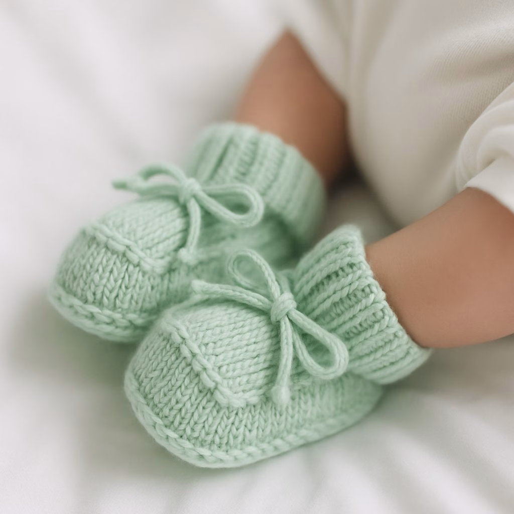 Sapatinho de Tricô Para Recém-Nascido – Verde com Cordão - Image 3